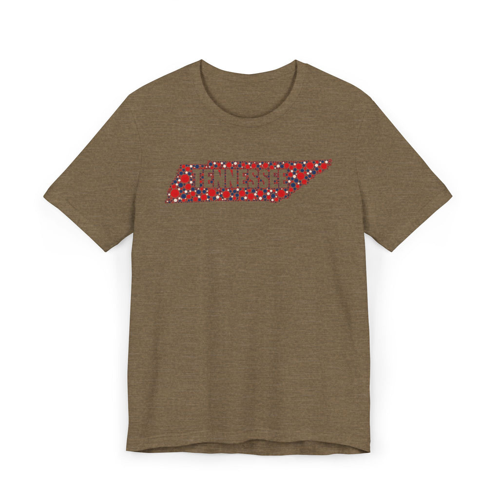 Brown t-shirt with colorful floral Tennessee state outline graphic across chest