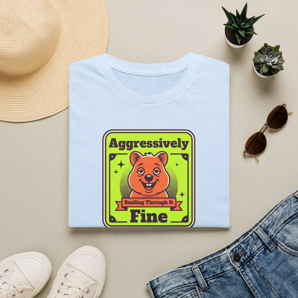 Light blue T-shirt with neon-style cartoon bear graphic and green-yellow text on front