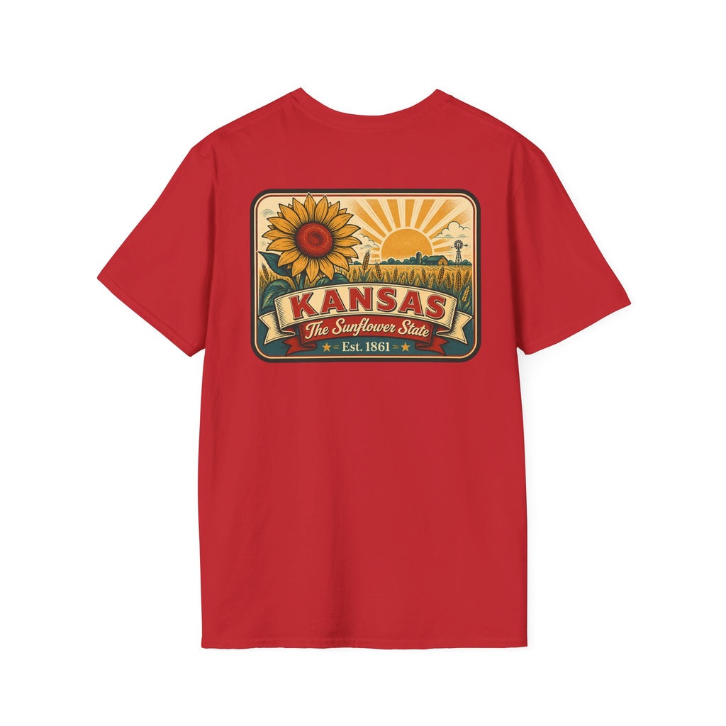 Kansas sunflower badge graphic T-shirt, red, crew neck short sleeves