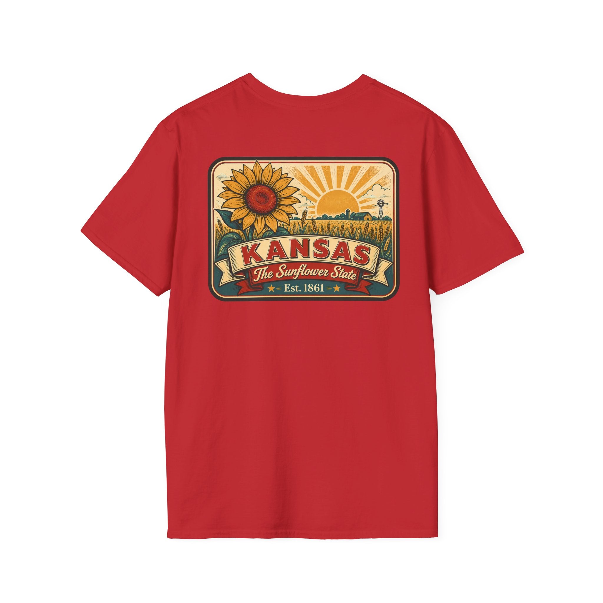 Kansas sunflower badge graphic T-shirt, red, crew neck short sleeves