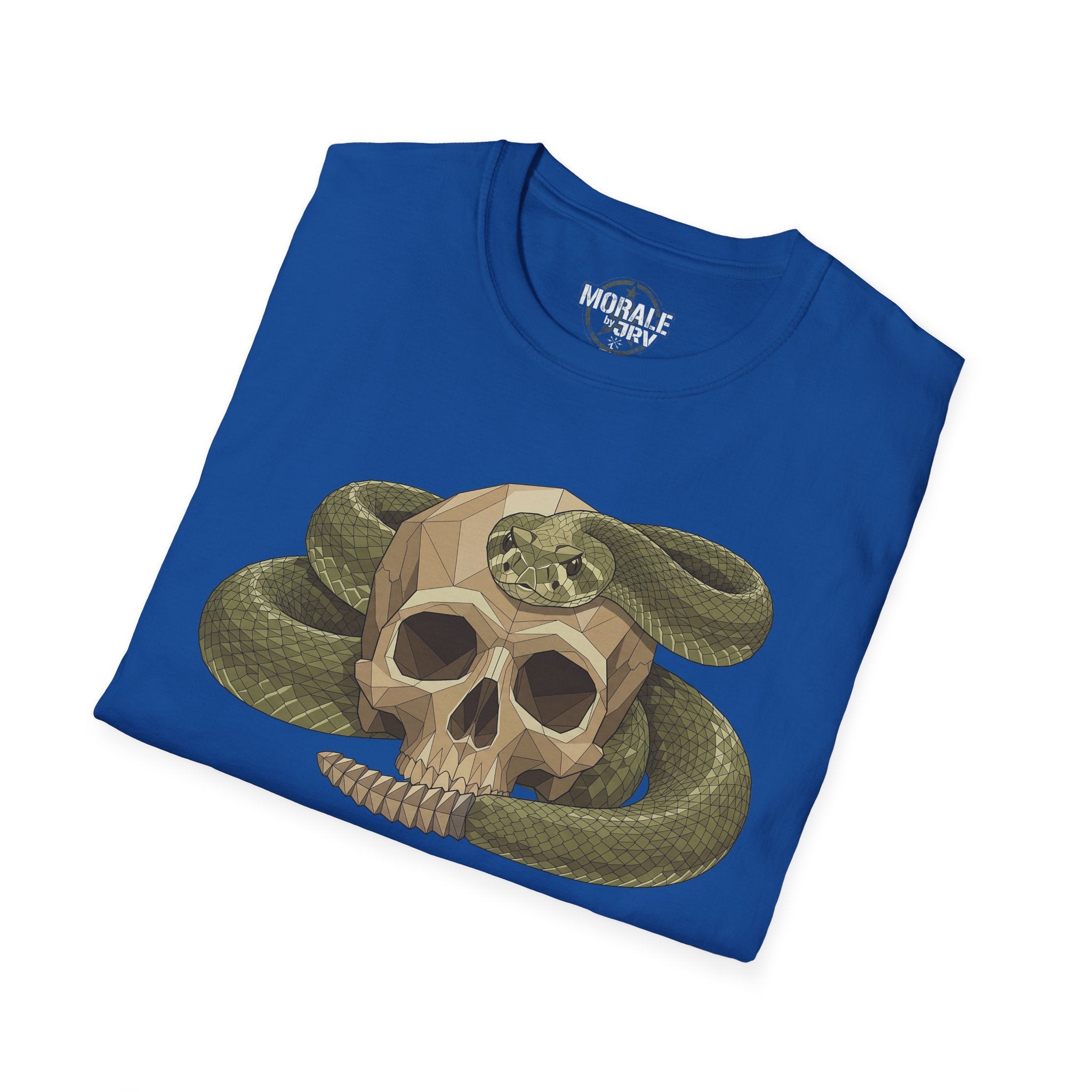 Royal blue T-shirt: polygon skull wrapped by green serpent graphic