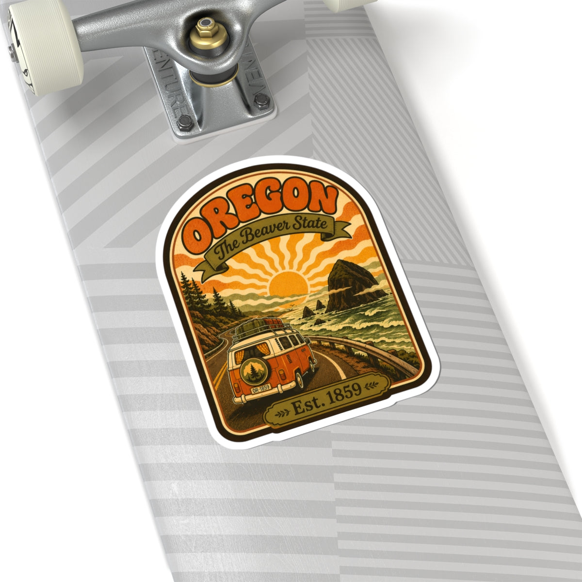 Oregon retro van sticker on a light grey striped board, with sun and Est. 1859