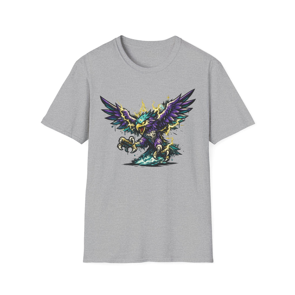 Light gray crewneck t-shirt with colorful lightning thunderbird graphic, front view.