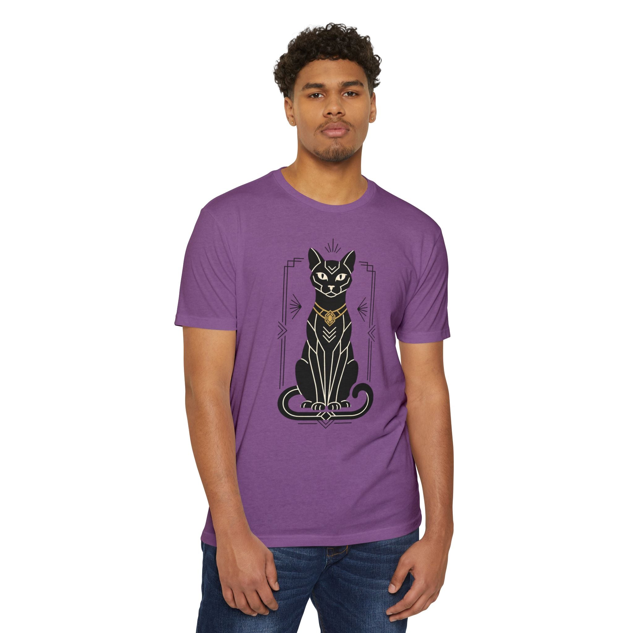 Purple unisex T-shirt with cat graphic artwork on the front, short sleeves.