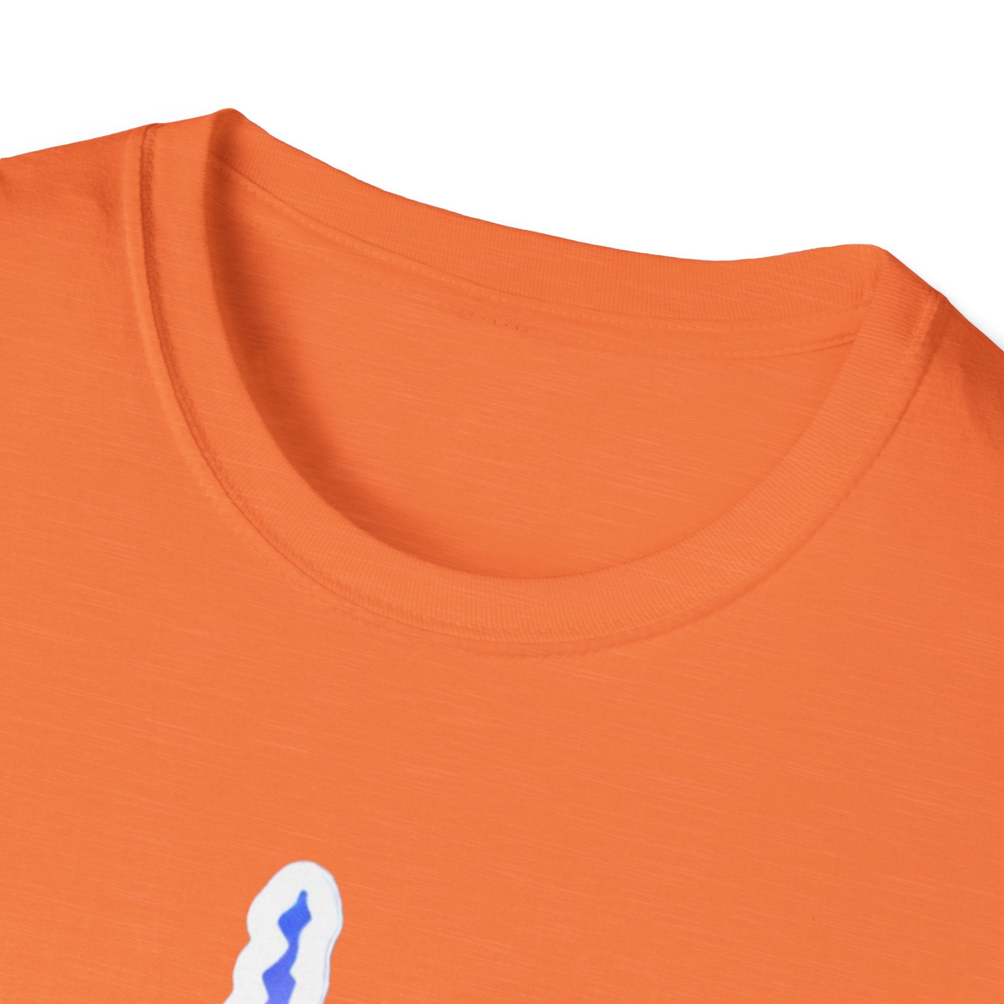 Orange crew-neck T-shirt, close view of collar and neckline