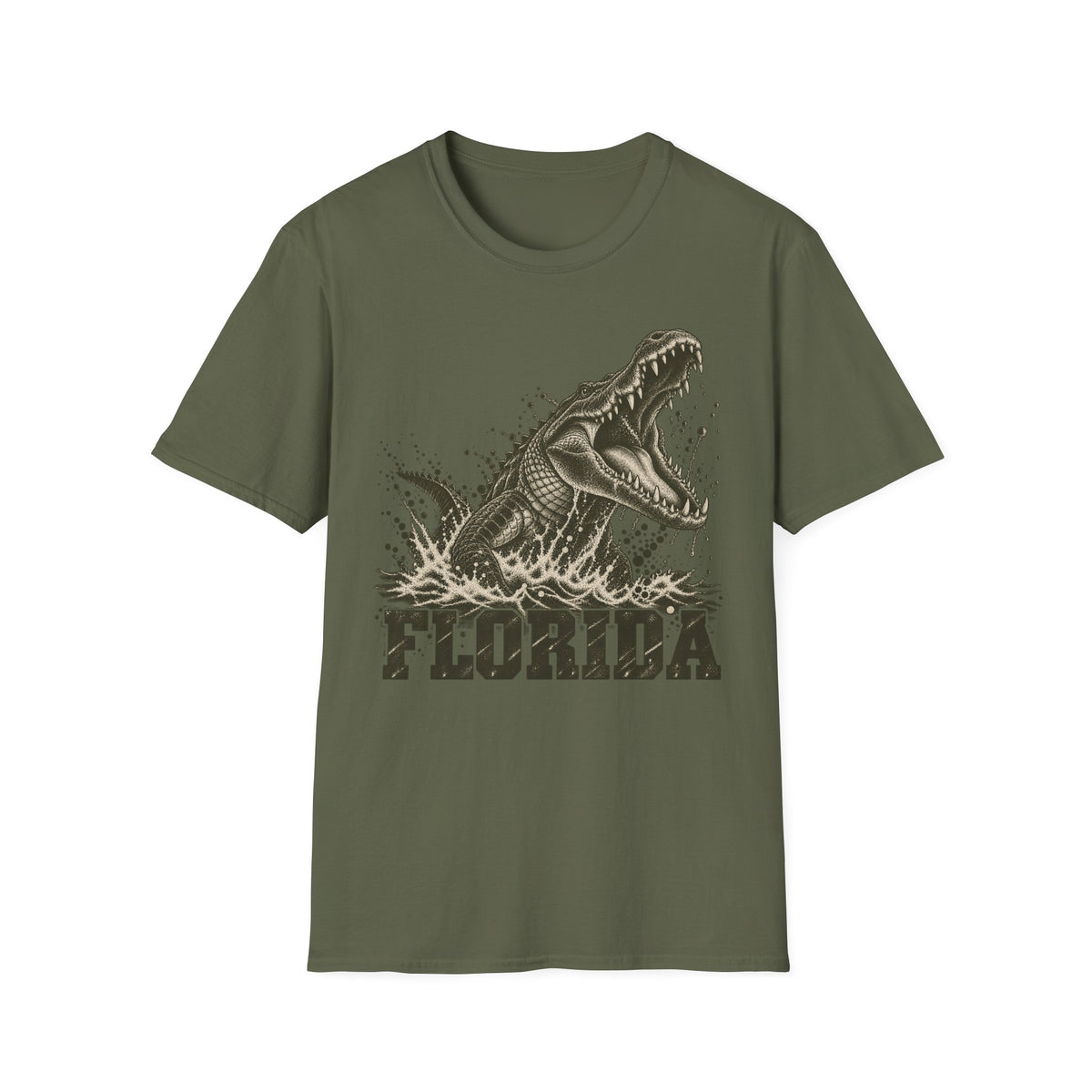 Dark olive crew-neck t-shirt with lunging alligator graphic and FLORIDA text