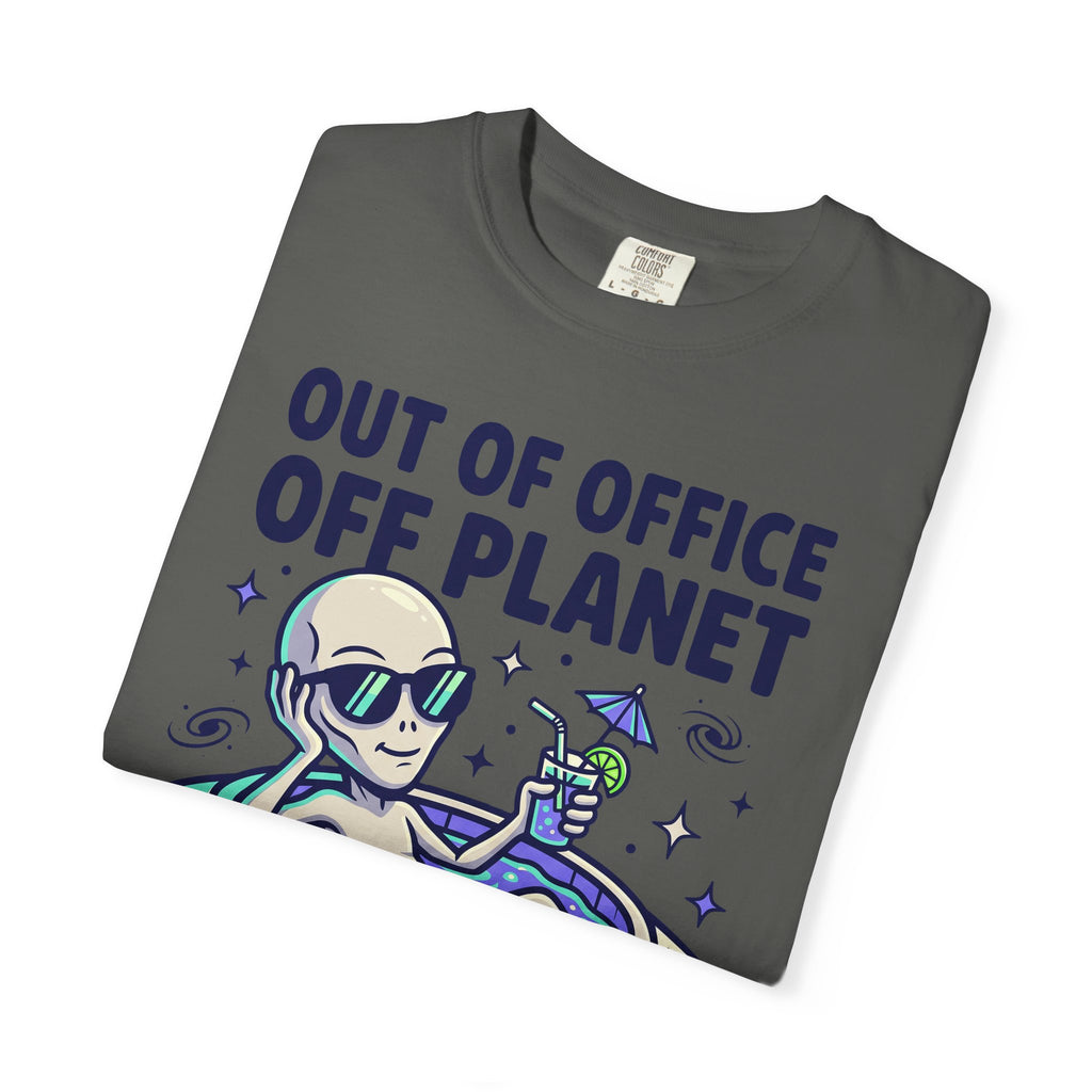 Dark gray crew-neck T-shirt with alien floatie graphic and 'Out of Office Off Planet'