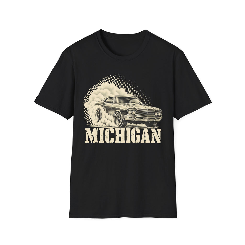 Black T-shirt with vintage car graphic and “MICHIGAN” text print