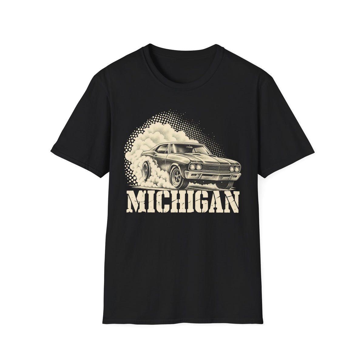 Black T-shirt with vintage car graphic and “MICHIGAN” text print