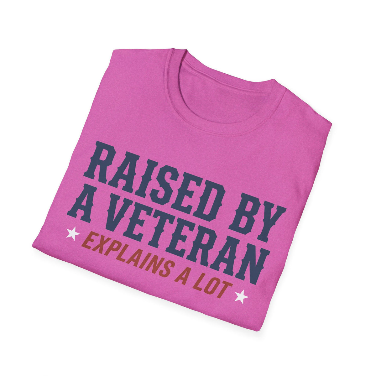 Bright pink crewneck t-shirt with blue and red veteran family slogan graphic
