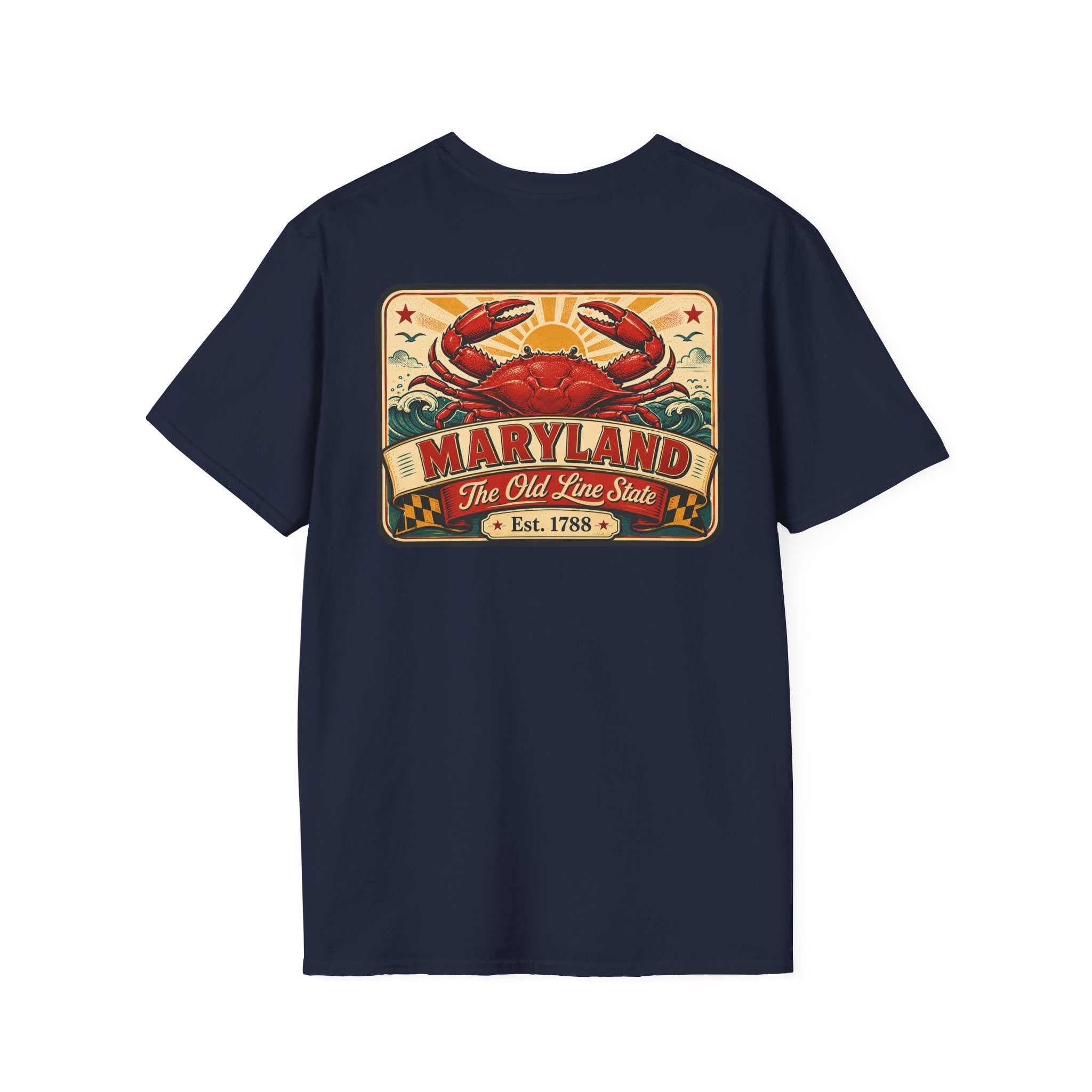 Navy T-shirt with rectangular crab and Maryland graphic on the chest