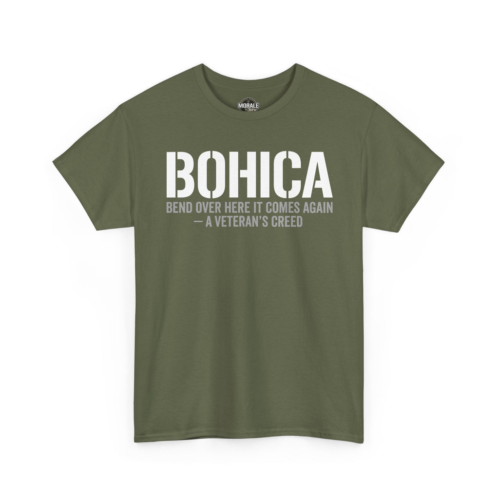 Military green BOHICA crew-neck T-shirt with large front slogan graphic print