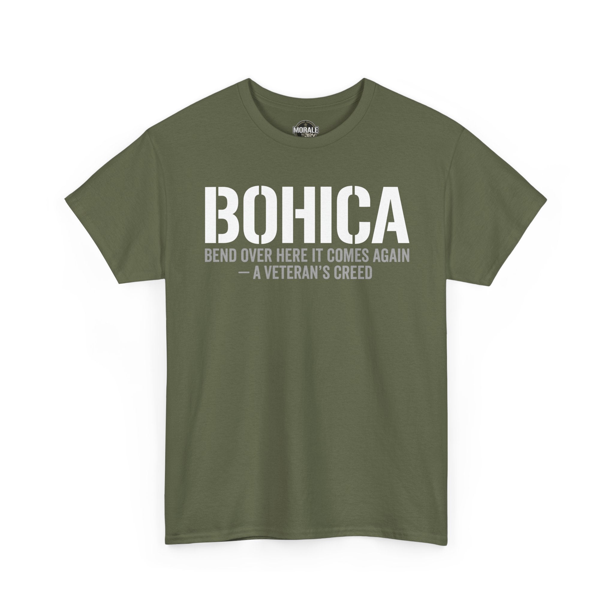Military green BOHICA crew-neck T-shirt with large front slogan graphic print
