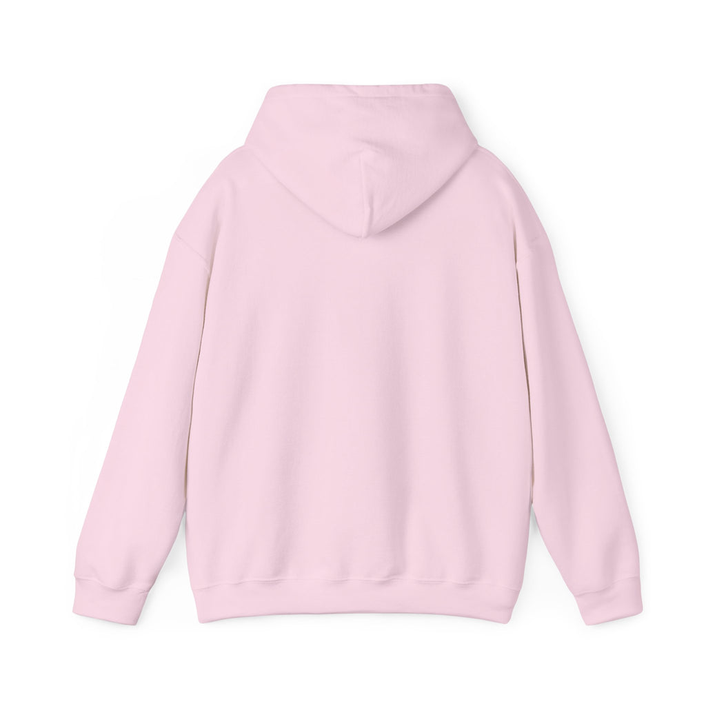 Light pink pullover hoodie with hood and kangaroo pocket, plain back