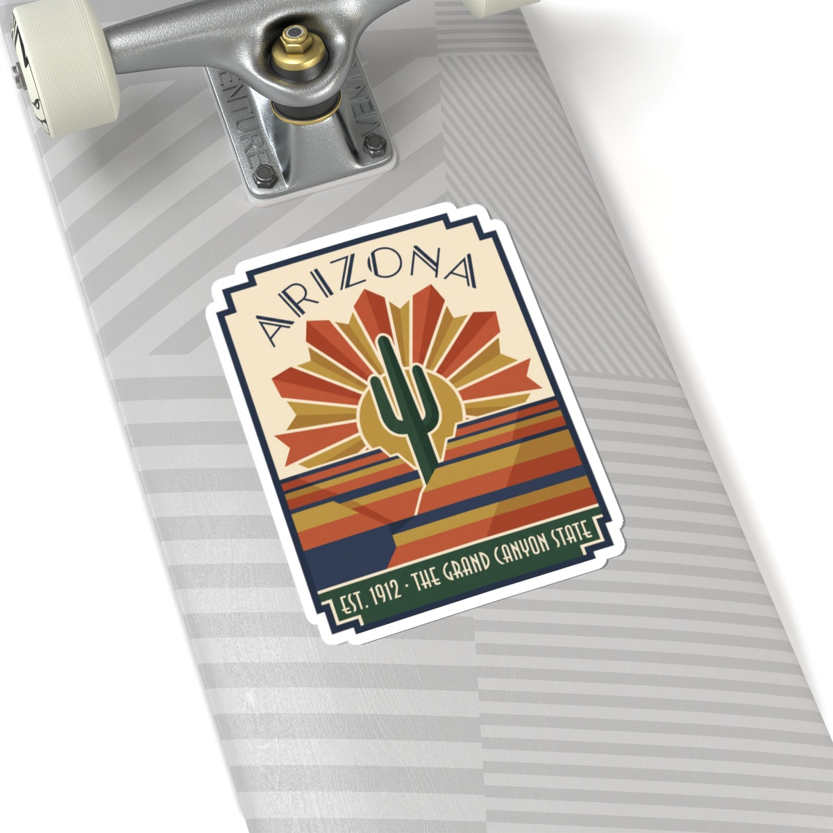 Arizona cactus sticker with desert sunrise stripes, green cactus, and vintage “1912” label