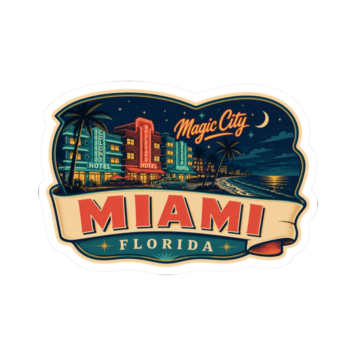 Miami luggage tag sticker showing "Magic City" script above city skyline and "FLORIDA"