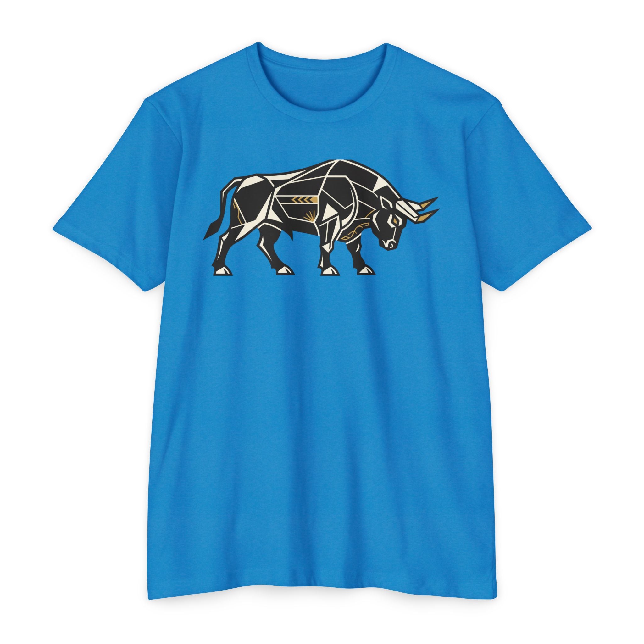 Blue T-shirt with geometric charging bull graphic, crew neck, short sleeves