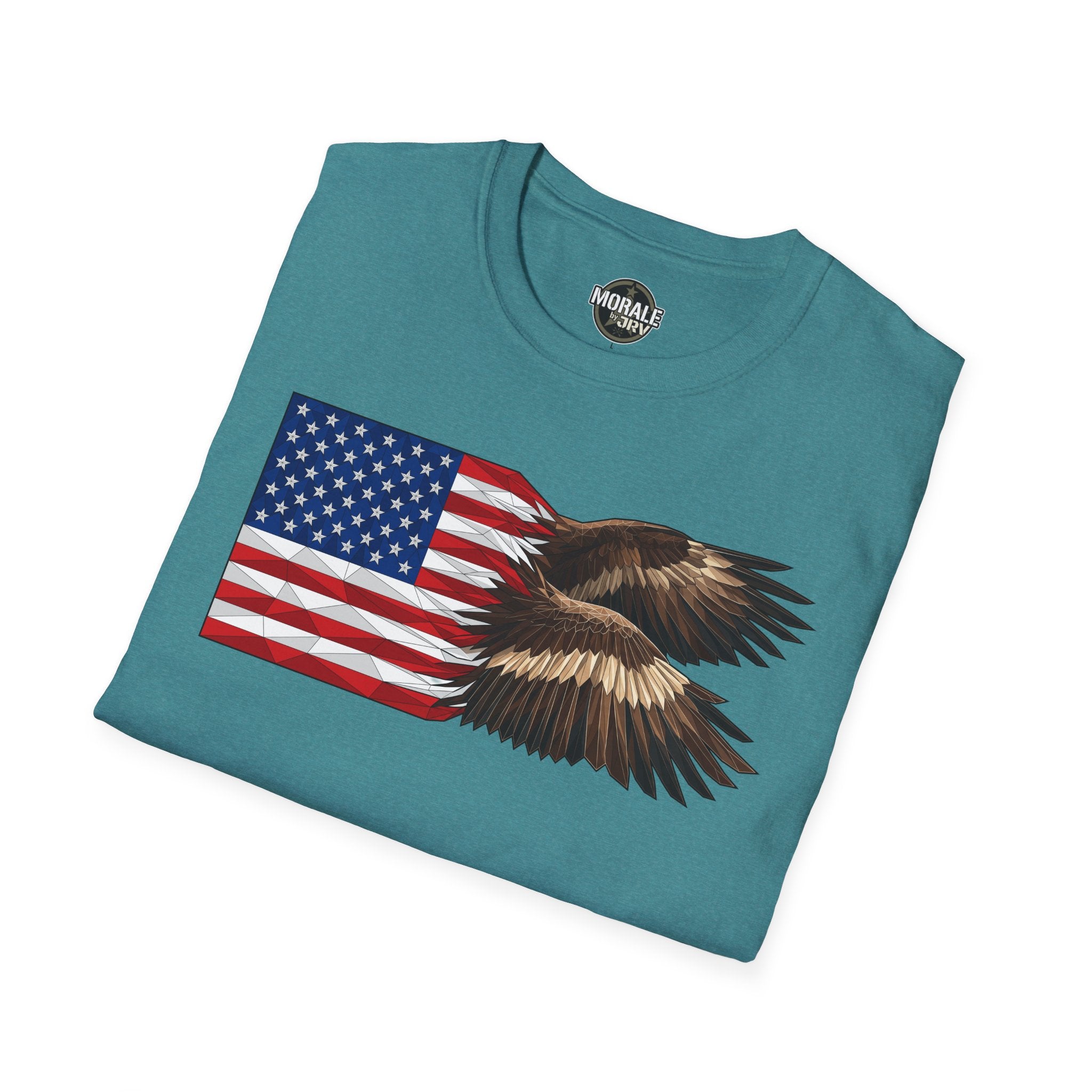 Heather teal T-shirt with American flag and bald eagle wings graphic