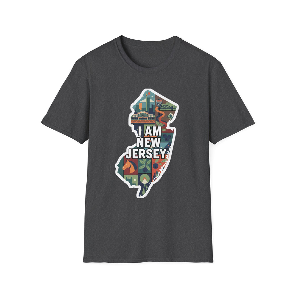 Dark gray New Jersey map graphic T-shirt with multicolor "I AM NEW JERSEY" design