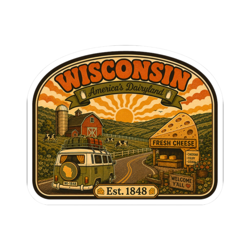 Wisconsin dairyland sticker with farm road scene, cheese stand, and Est. 1848