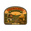 Wisconsin dairyland sticker with farm road scene, cheese stand, and Est. 1848