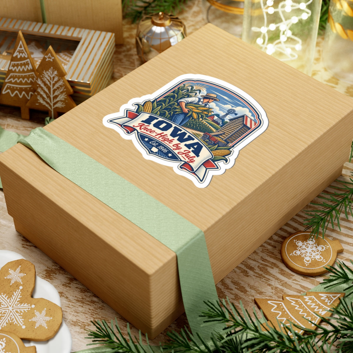 Iowa Knee-High by July sticker decal on a wooden gift box with cornfield vintage artwork