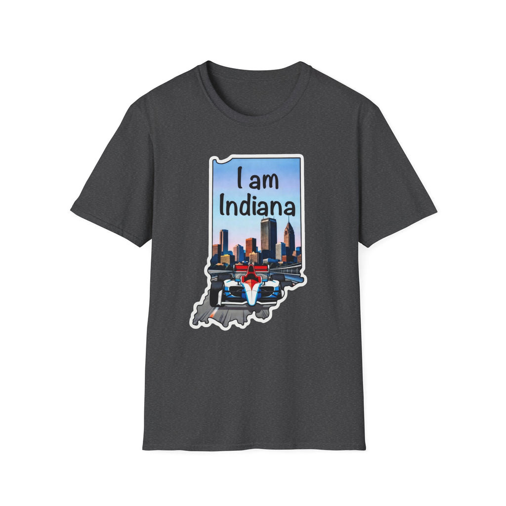 I am Indiana T-Shirt, anthrazit: Indiana-Schriftzug, Skyline & IndyCar im Umriss