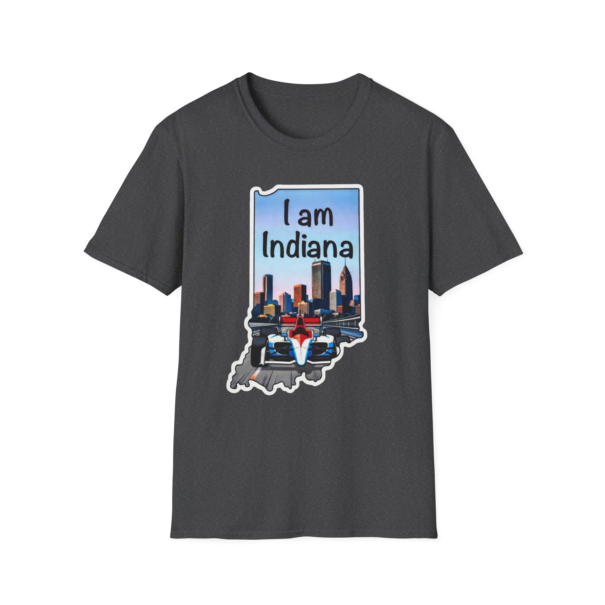 I am Indiana T-Shirt, anthrazit: Indiana-Schriftzug, Skyline & IndyCar im Umriss