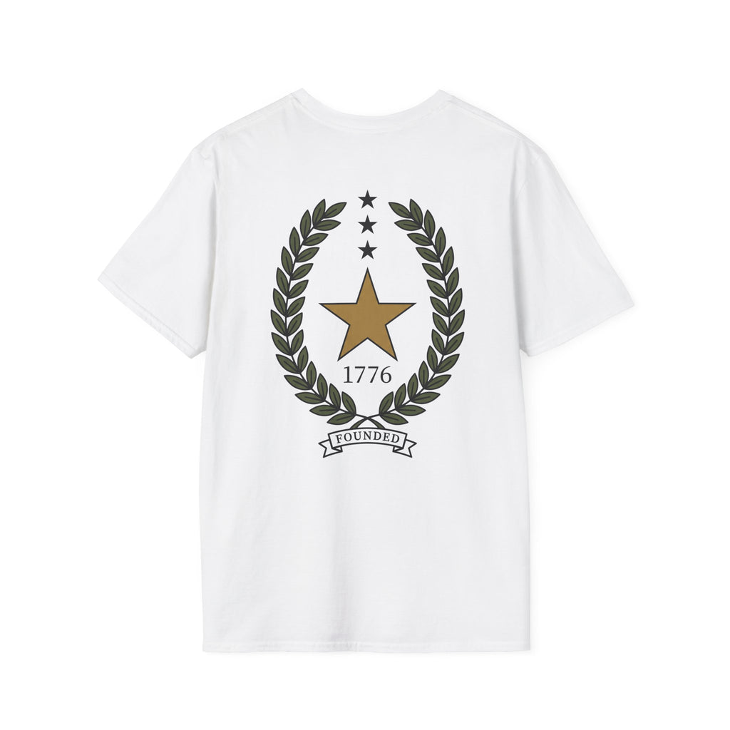 White t-shirt with back gold star in laurel wreath, 1776 and FOUNDED banner