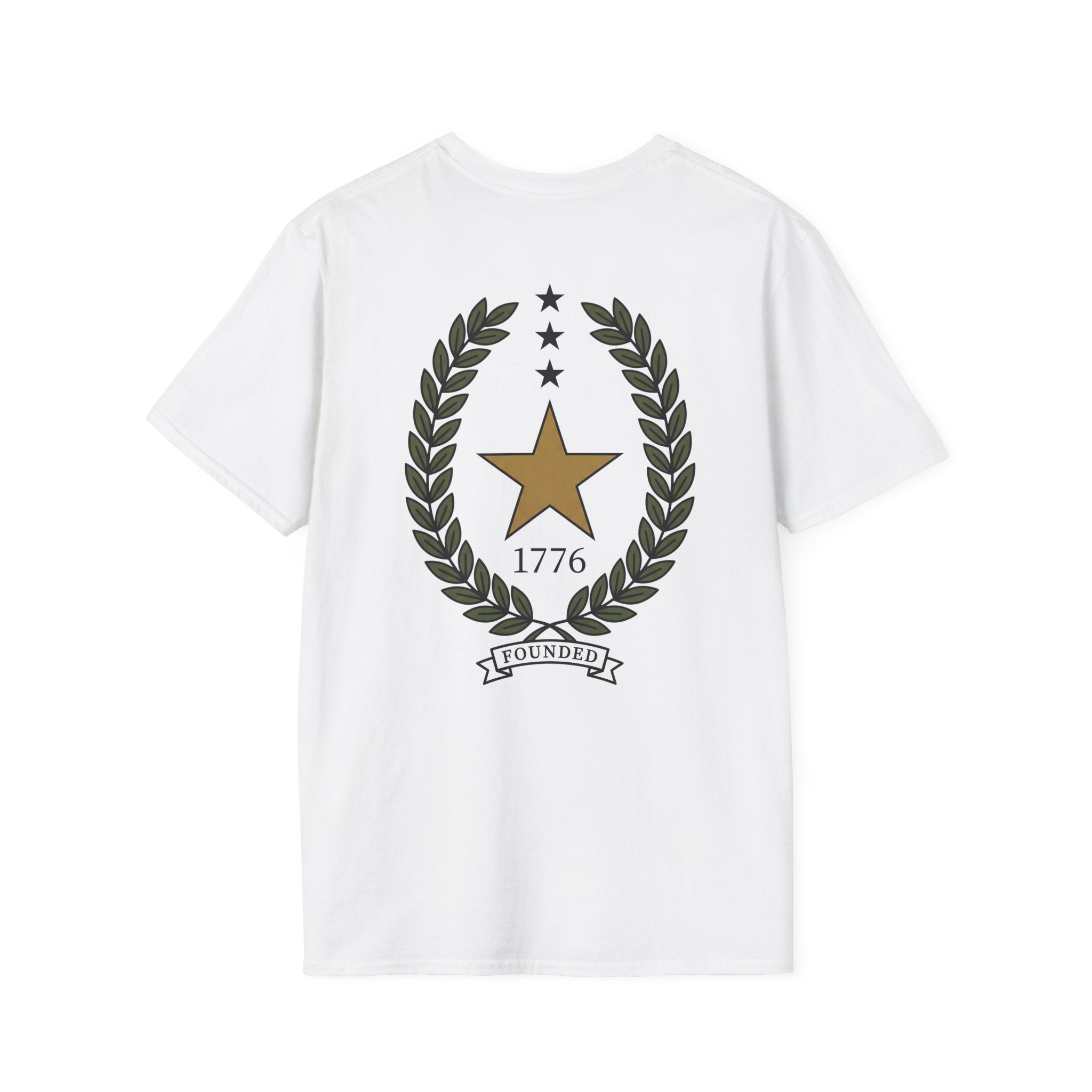 White t-shirt with back gold star in laurel wreath, 1776 and FOUNDED banner