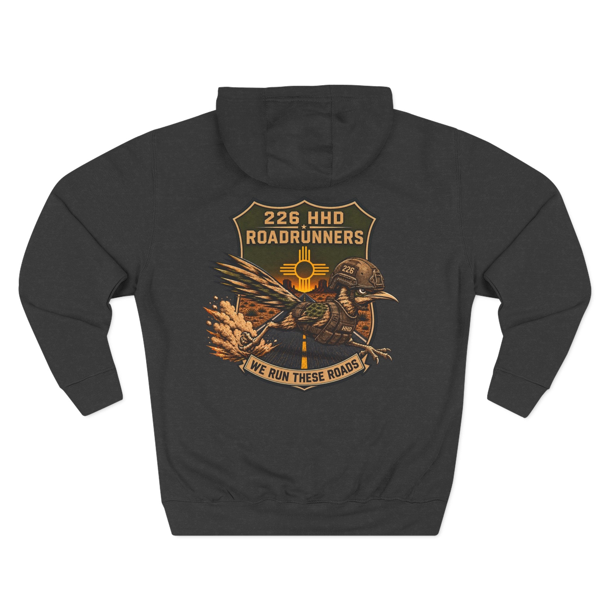 Dark gray pullover hoodie with hood, drawstrings, and front kangaroo pocket