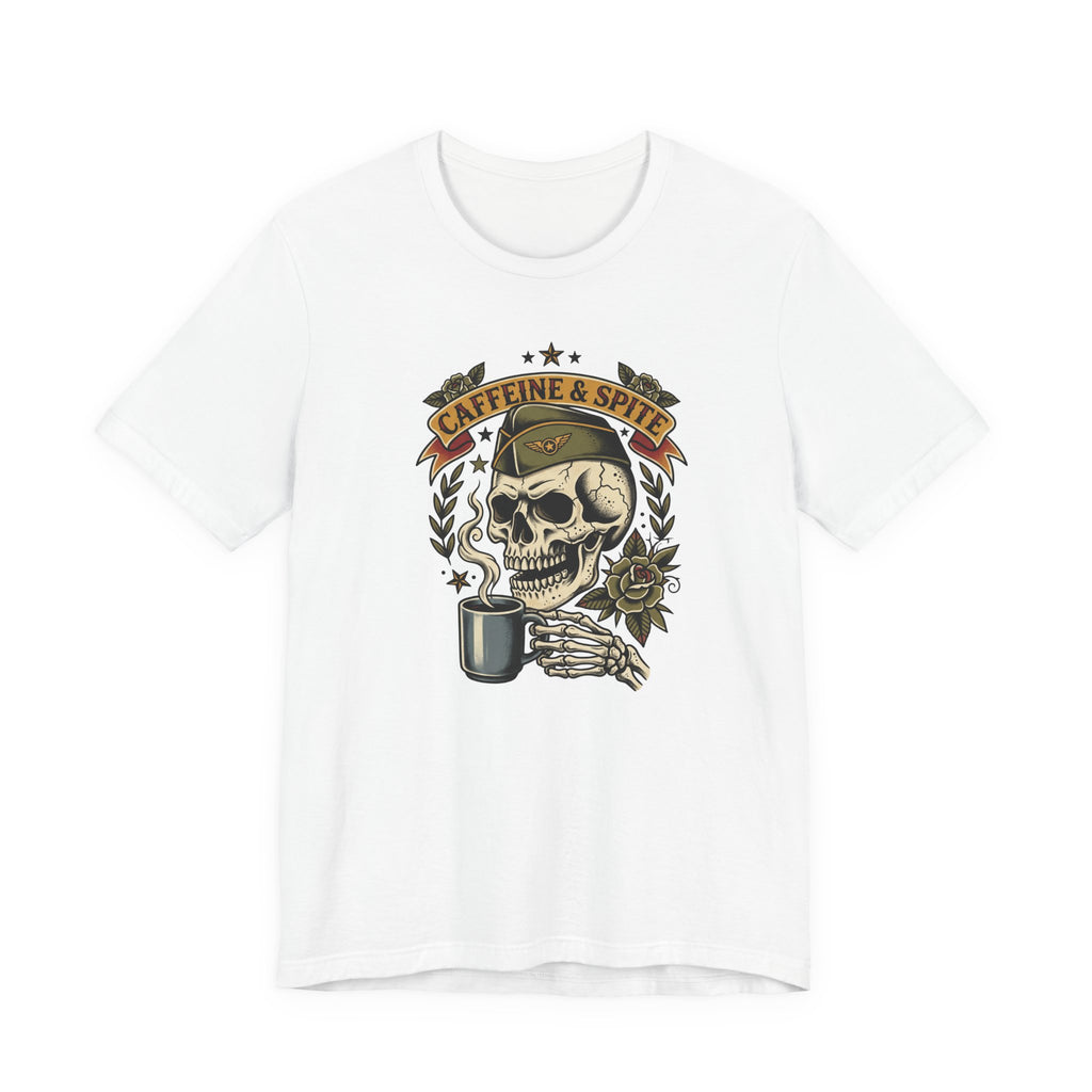 White T-shirt with skull holding coffee mug graphic in green and gold