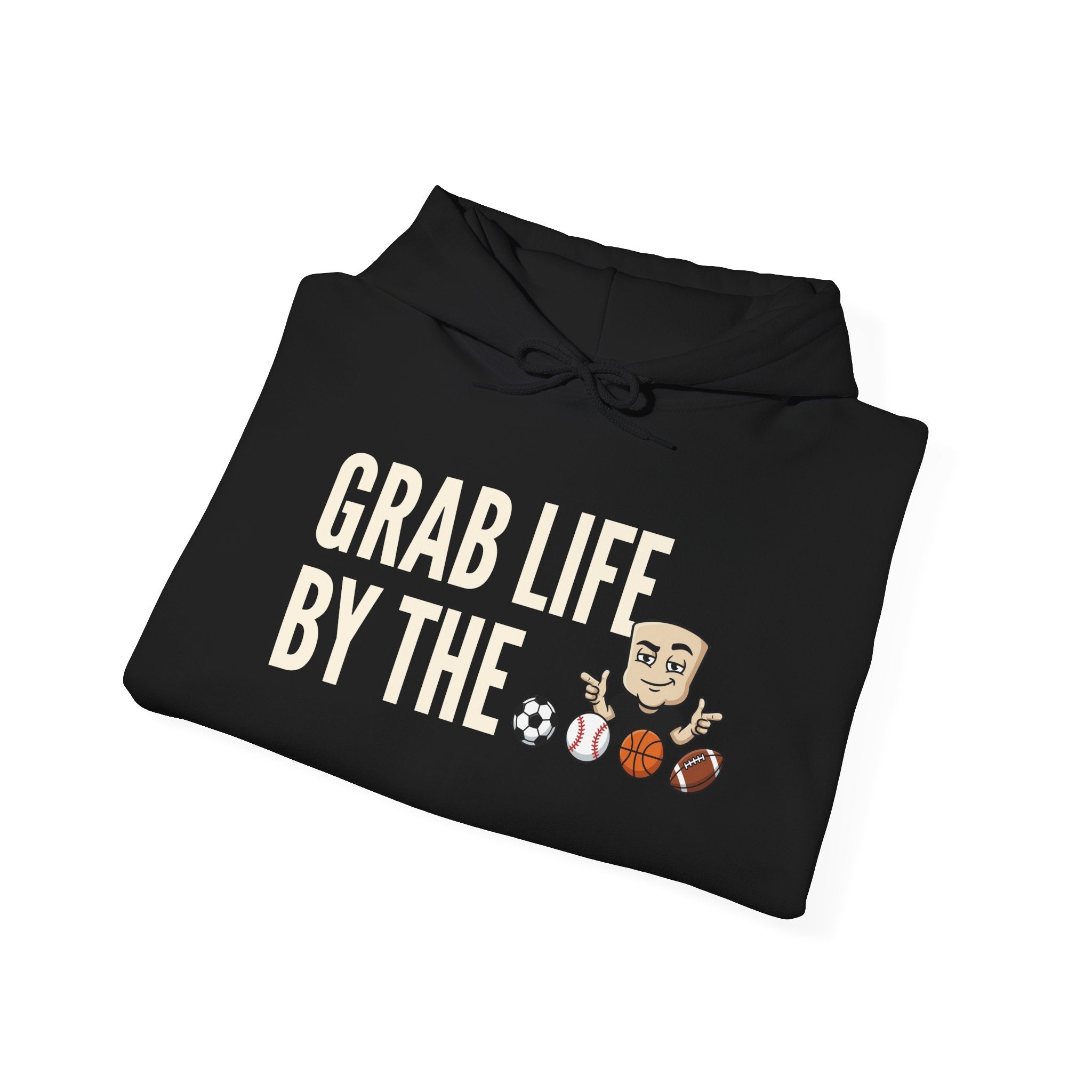 Black hoodie with front sports graphic and drawstring hood
