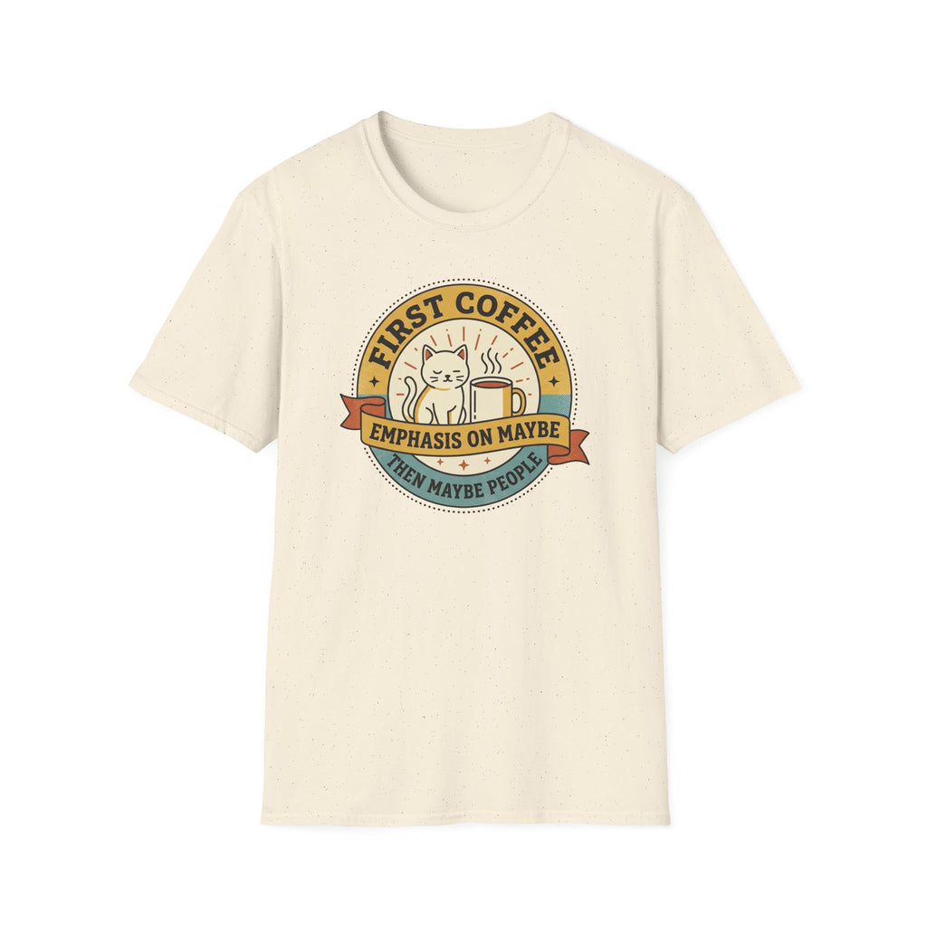 Cream T-shirt with cat and coffee cup emblem graphic