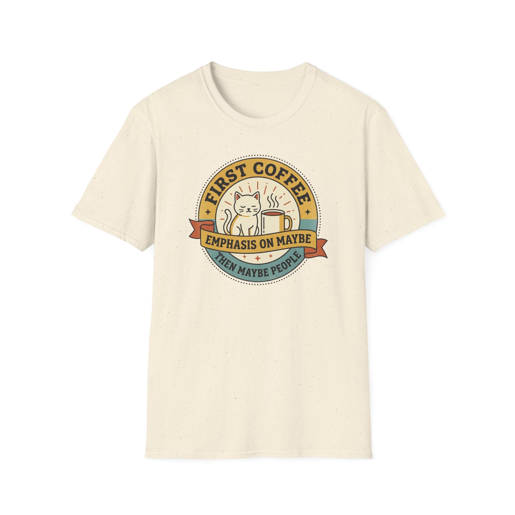 Cream T-shirt with cat and coffee cup emblem graphic