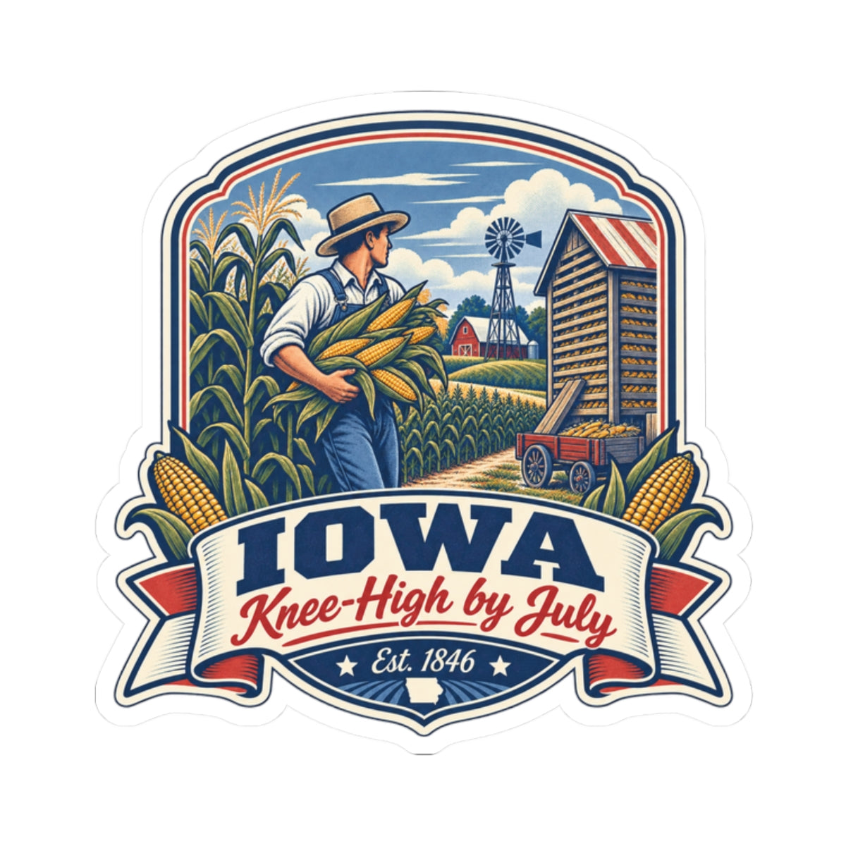 Iowa Knee-High by July sticker decal with blue ribbon text, cornfield and farmhouse elements