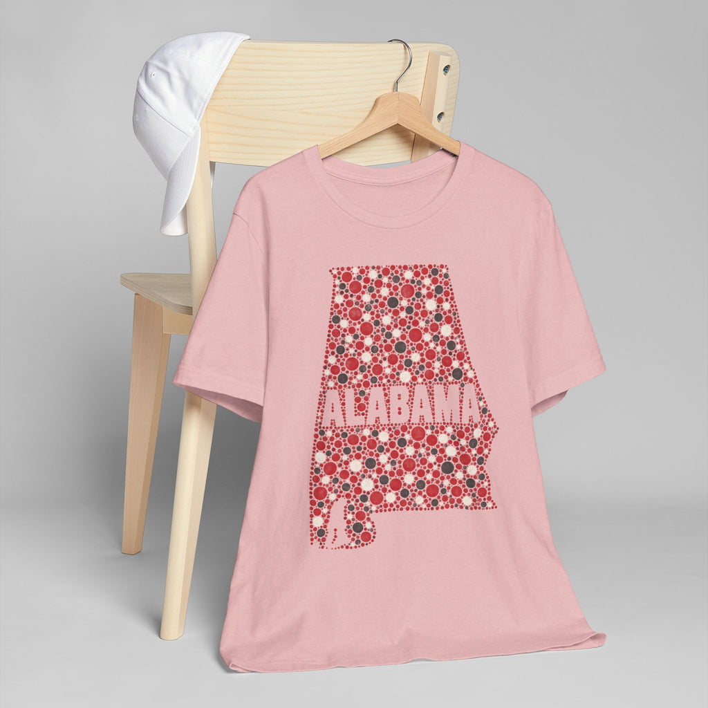 Pink crew-neck T-shirt with red Alabama floral state outline graphic