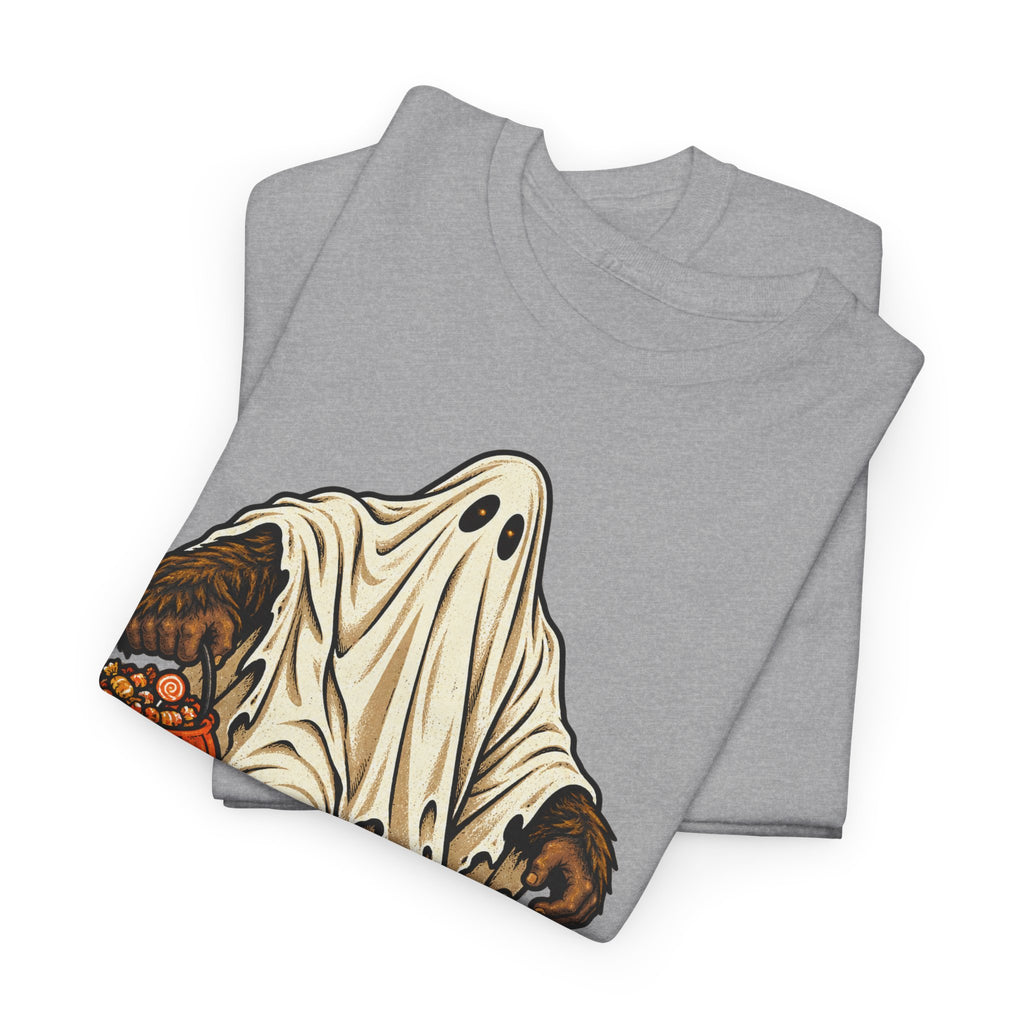 Light gray Halloween graphic T-shirt with retro pumpkin candy print.