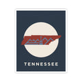 Tennessee state outline sticker with red mountains scene, guitar detail, and 'Tennessee'