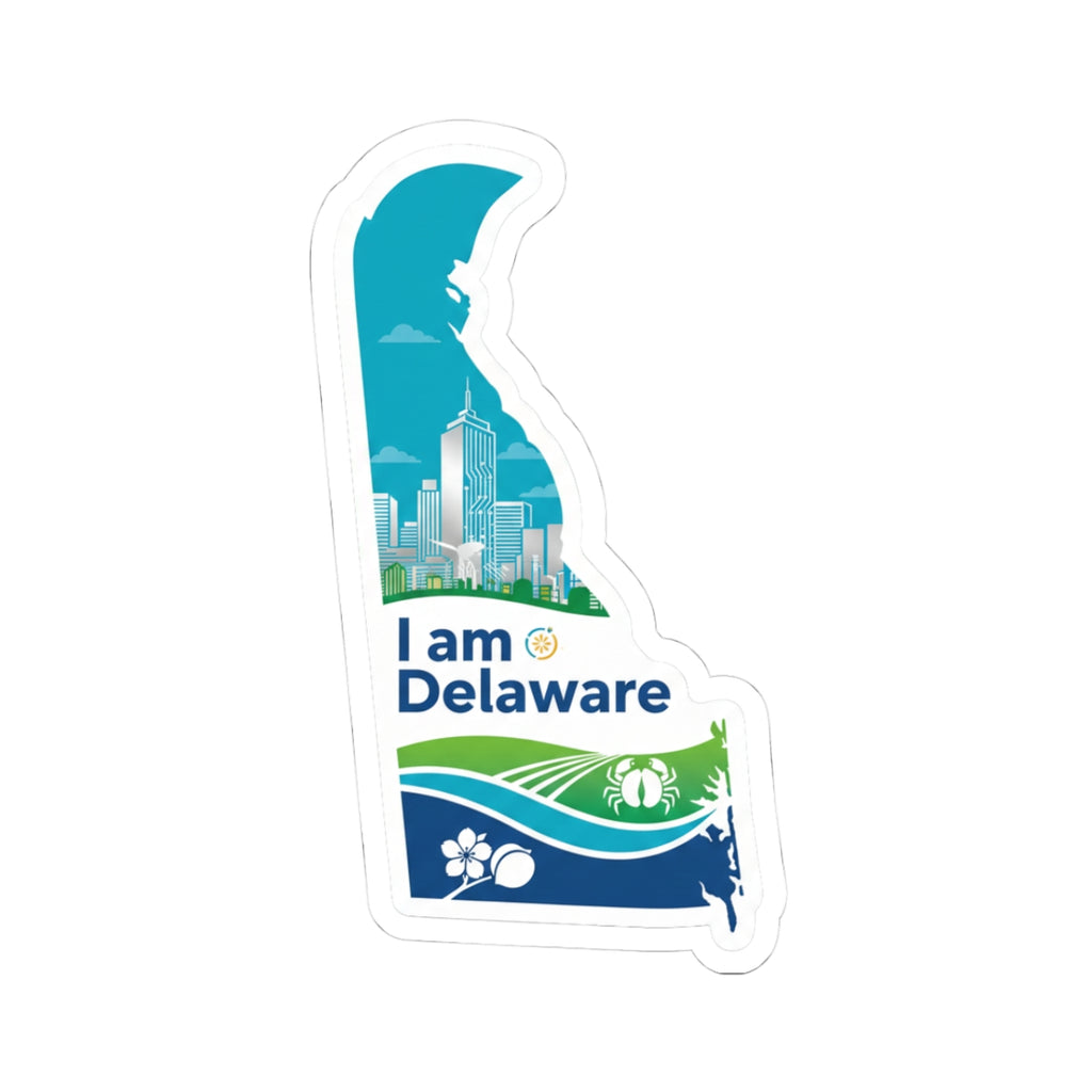 I am Delaware sticker, die-cut outline with blue state map and city skyline
