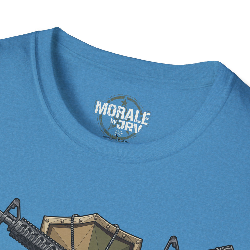 Blue crewneck T-shirt with “MORALE by TRV” logo near neckline