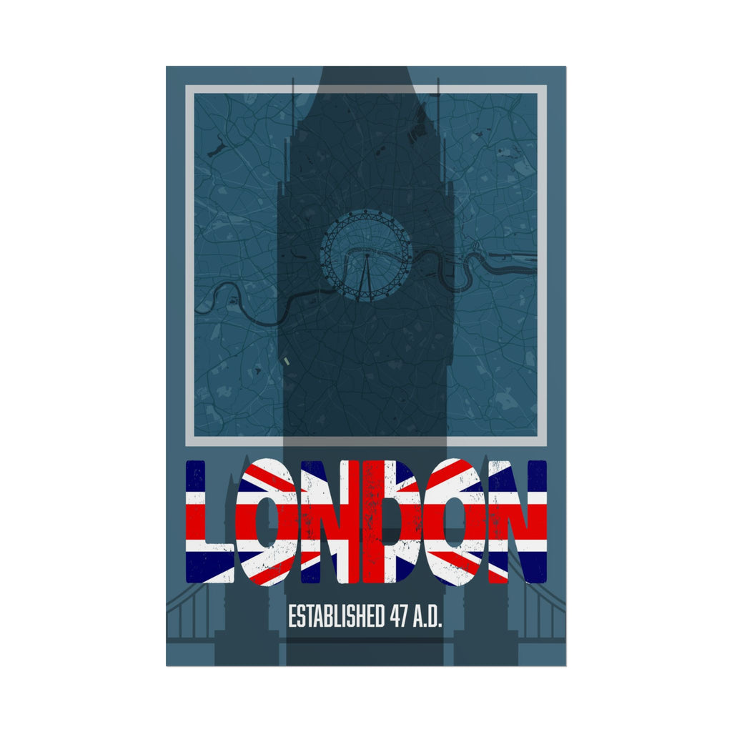 London wall art print featuring Union Jack lettering “LONDON” and “Established 47 A.D.”