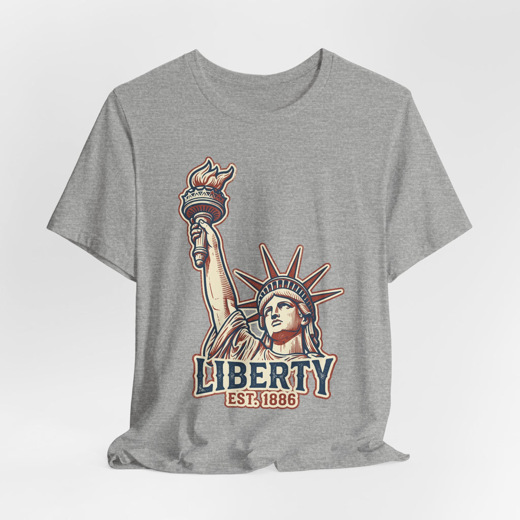 Dark grey graphic T-shirt with Statue of Liberty, "LIBERTY" and "EST.1886"