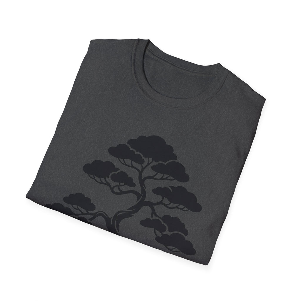 Dark heather t-shirt with bonsai tree graphic print in dark ink across front