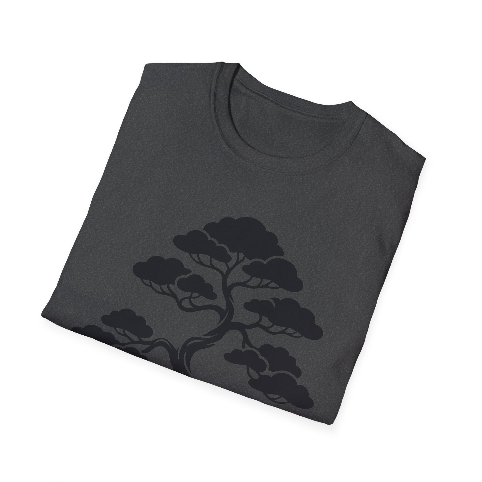 Dark heather t-shirt with bonsai tree graphic print in dark ink across front