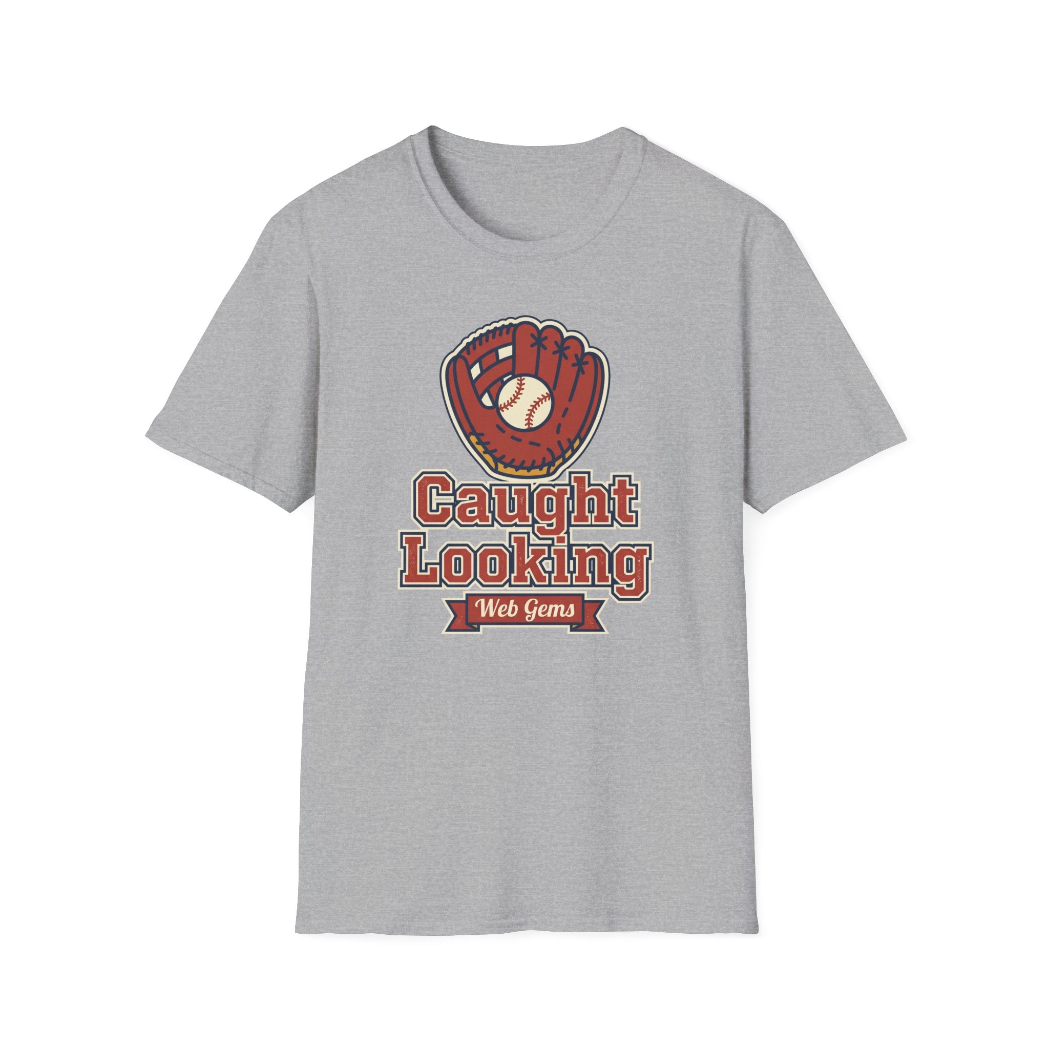 Light gray baseball t-shirt, front view, with “Caught Looking” glove graphic