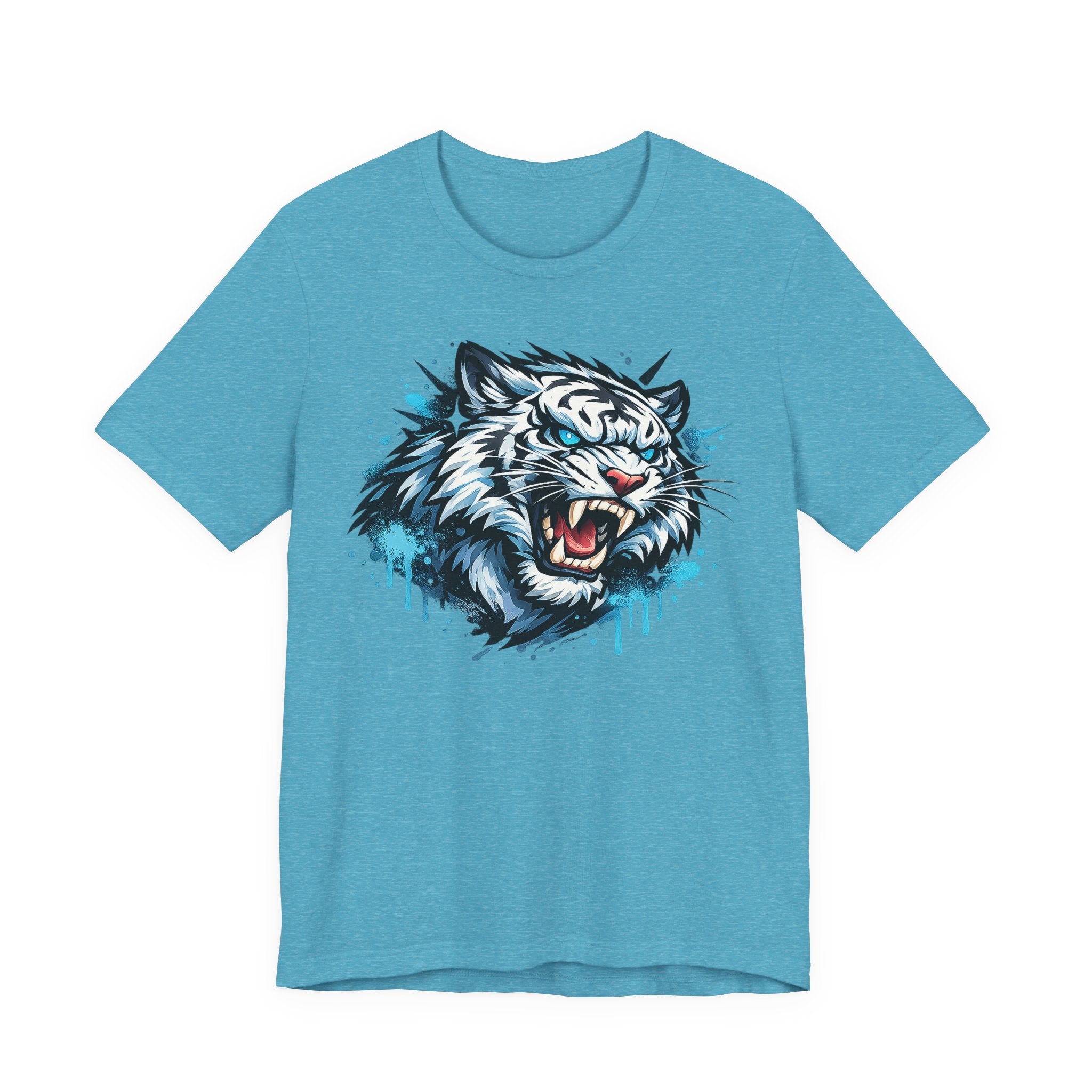Teal unisex t-shirt with roaring tiger head graphic and blue drip print