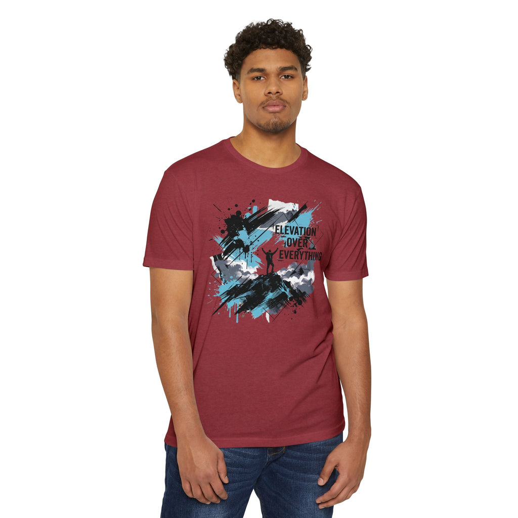 Maroon unisex T-shirt with colorful mountain silhouette graphic on the front, crew neck.