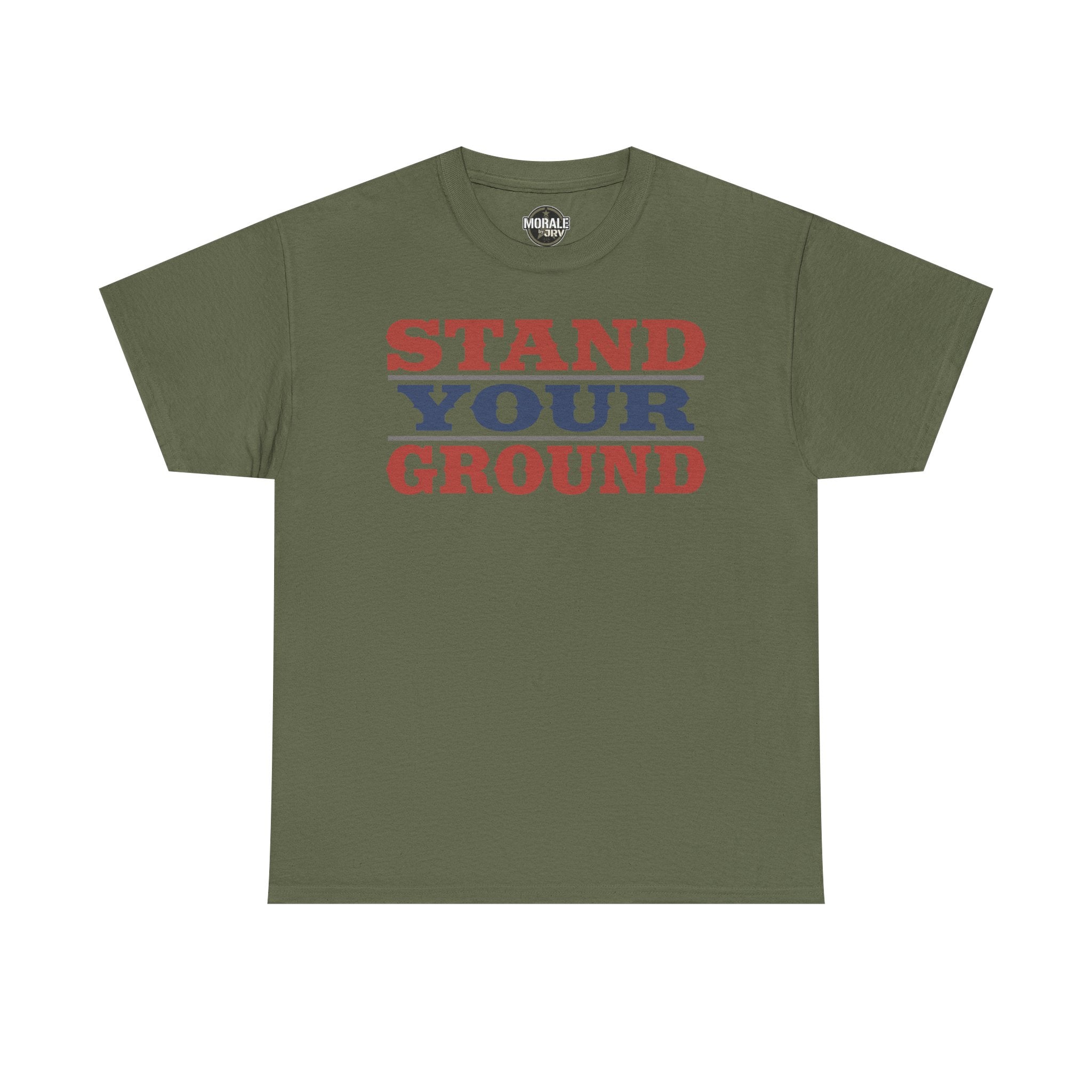 Military green crewneck T-shirt with red and blue "STAND YOUR GROUND" vintage text print