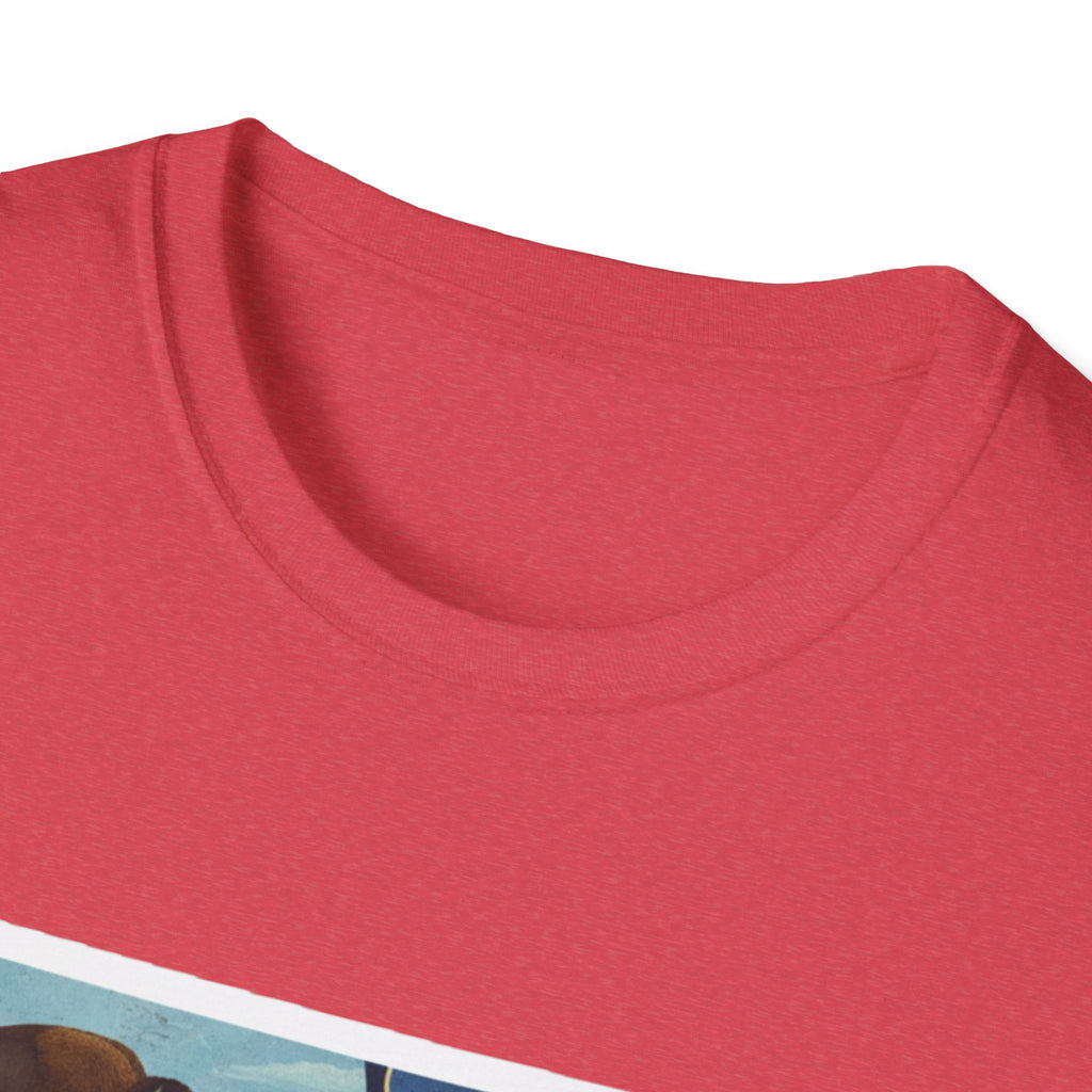 Red T-shirt neckline close-up with partial bottom print